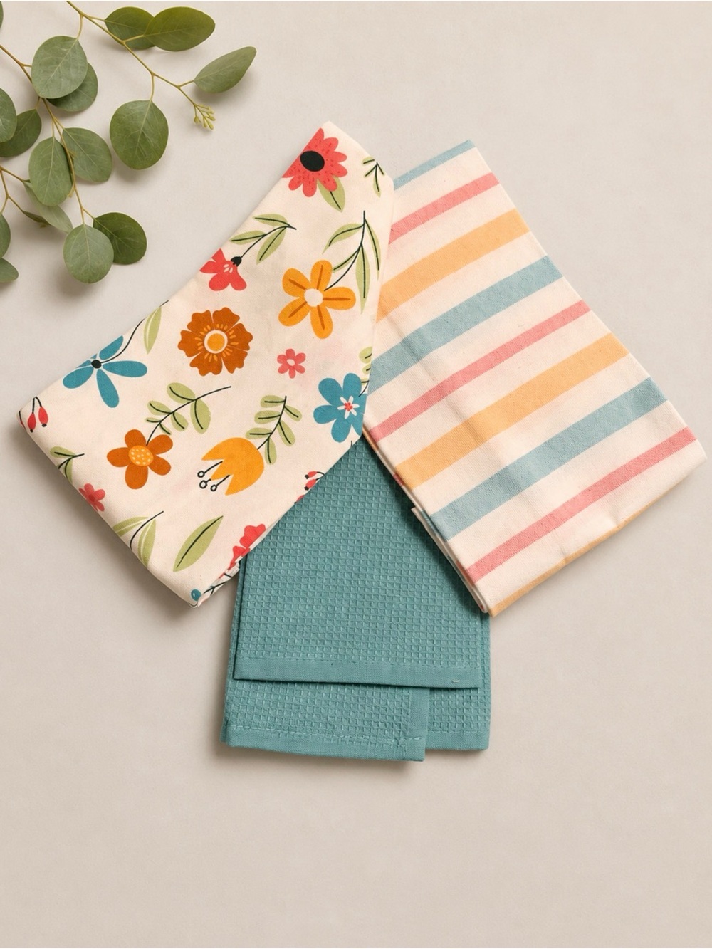 Colorful Floral & Stripe Kitchen Towel Set of 3